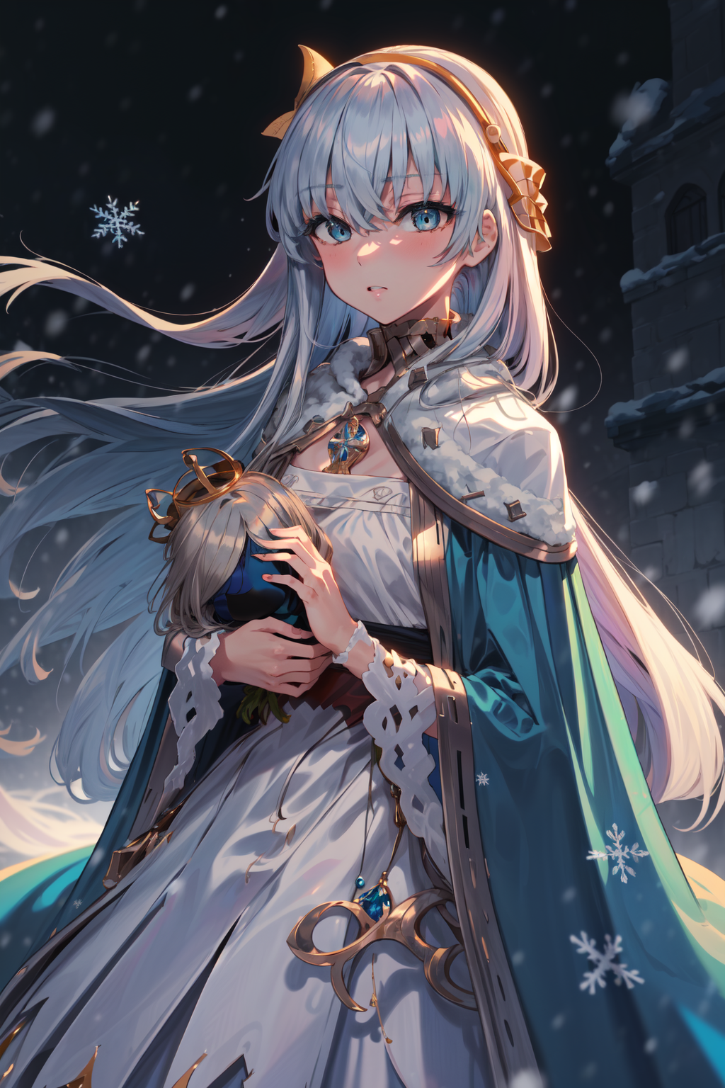 masterpiece,best quality,1girl,original_outfit,anastasia (fate),blue cloak,white dress,doll,mini crown,night,snowing,snowf...